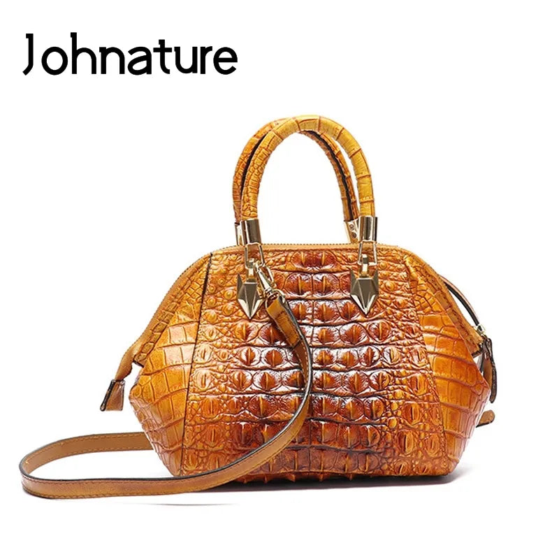 Johnature Genuine Leather Bag - Alligator Embossing Women Handbag