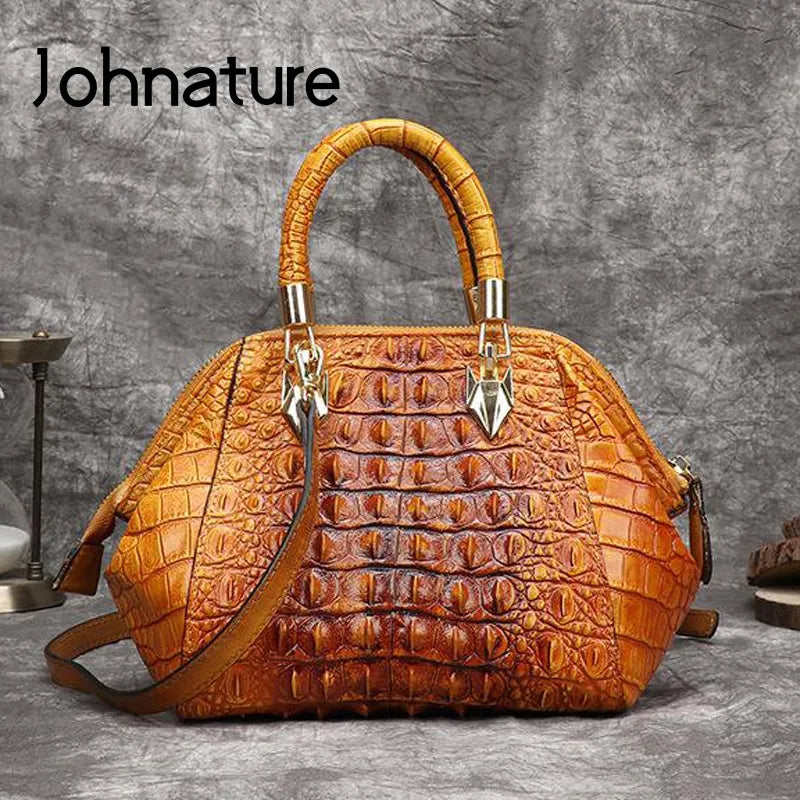 Johnature Genuine Leather Bag - Alligator Embossing Women Handbag