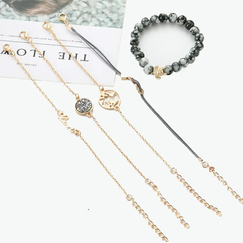 5 PCS/Set Bohemian Turtle Charm Bracelets Bangles Sets Fashion Gold Color Strand