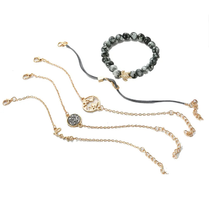 5 PCS/Set Bohemian Turtle Charm Bracelets Bangles Sets Fashion Gold Color Strand