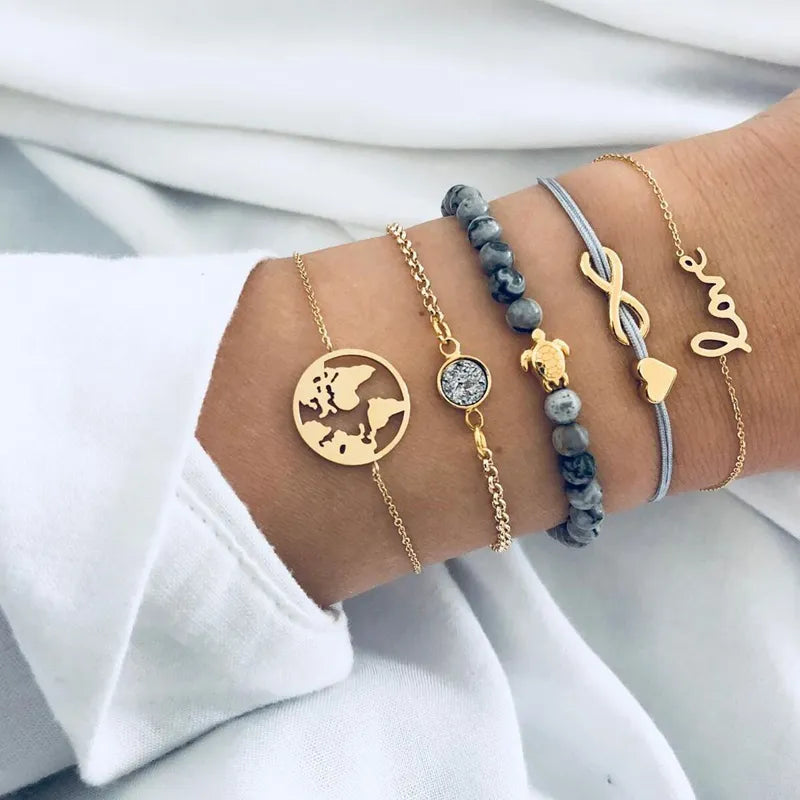 5 PCS/Set Bohemian Turtle Charm Bracelets Bangles Sets Fashion Gold Color Strand
