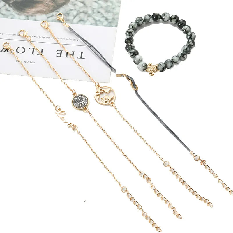 5 PCS/Set Bohemian Turtle Charm Bracelets Bangles Sets Fashion Gold Color Strand