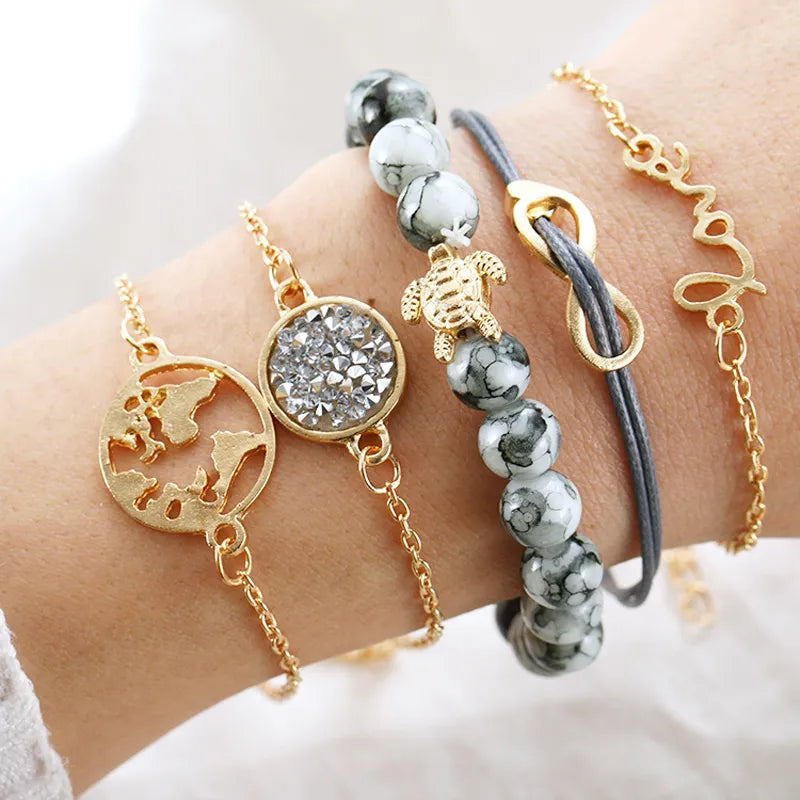 5 PCS/Set Bohemian Turtle Charm Bracelets Bangles Sets Fashion Gold Color Strand